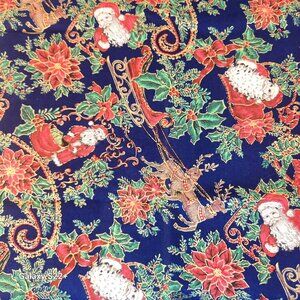 Festive Christmas Cotton Fabric Featuring Santa Deer & Poinsettia 1.5 yards 2003